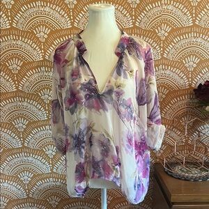 Charlotte Russe Floral V-Neck Blouse - Purple and Cream